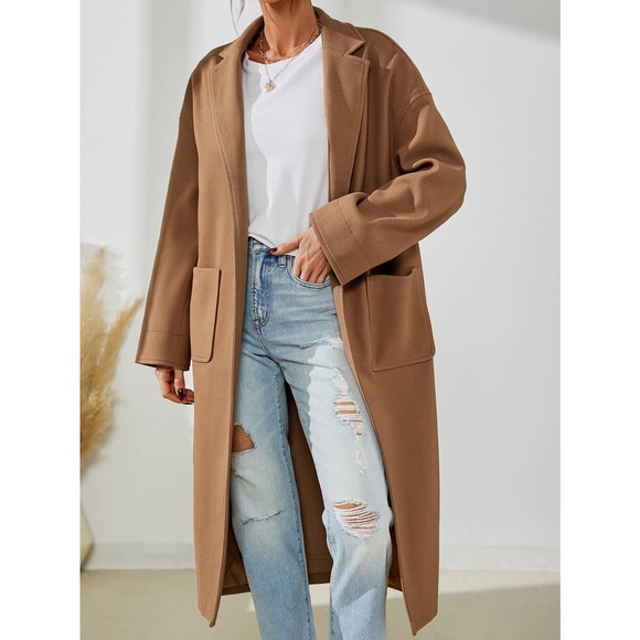 Camel tan brown pea coat Split Hem Overcoat - Picture 5 of 7